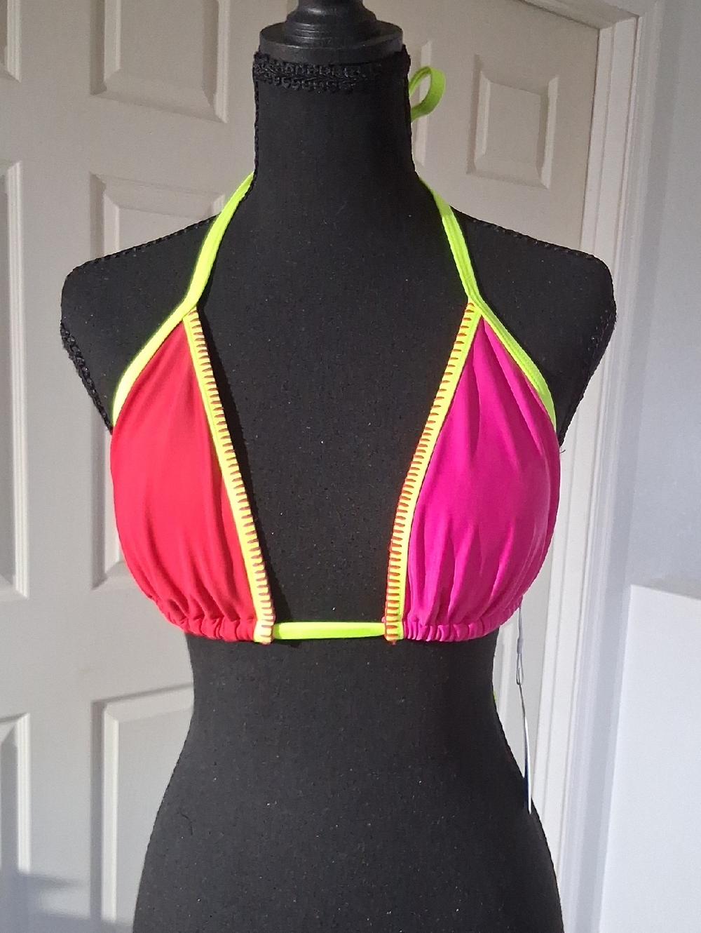 Cupshe Colorblock Triangle Bikini Top - Pink, Red & Neon Yellow Trim